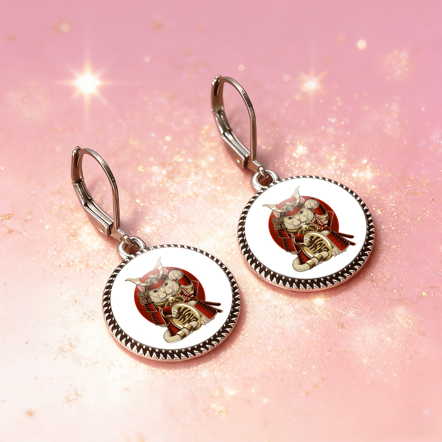 3pc Classic Cat Samurai Necklace & Earrings Set, Vivid Design